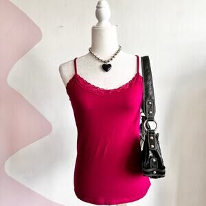 Pink Lace Trim Tank Top, Y2K Coquette Soft‎ Girl Romantic 2000s Small